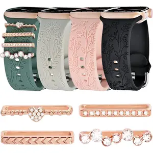 Flower Engraved Band with Charms for Apple Watch Band 38mm 40mm 41mm 42mm 45mm 46mm 49mm (S10), Soft Women Sport Silicone Strap Replacement Wristbands for iWatch Bands Series10 9 8 7 6 5 4 3 2 1 SE