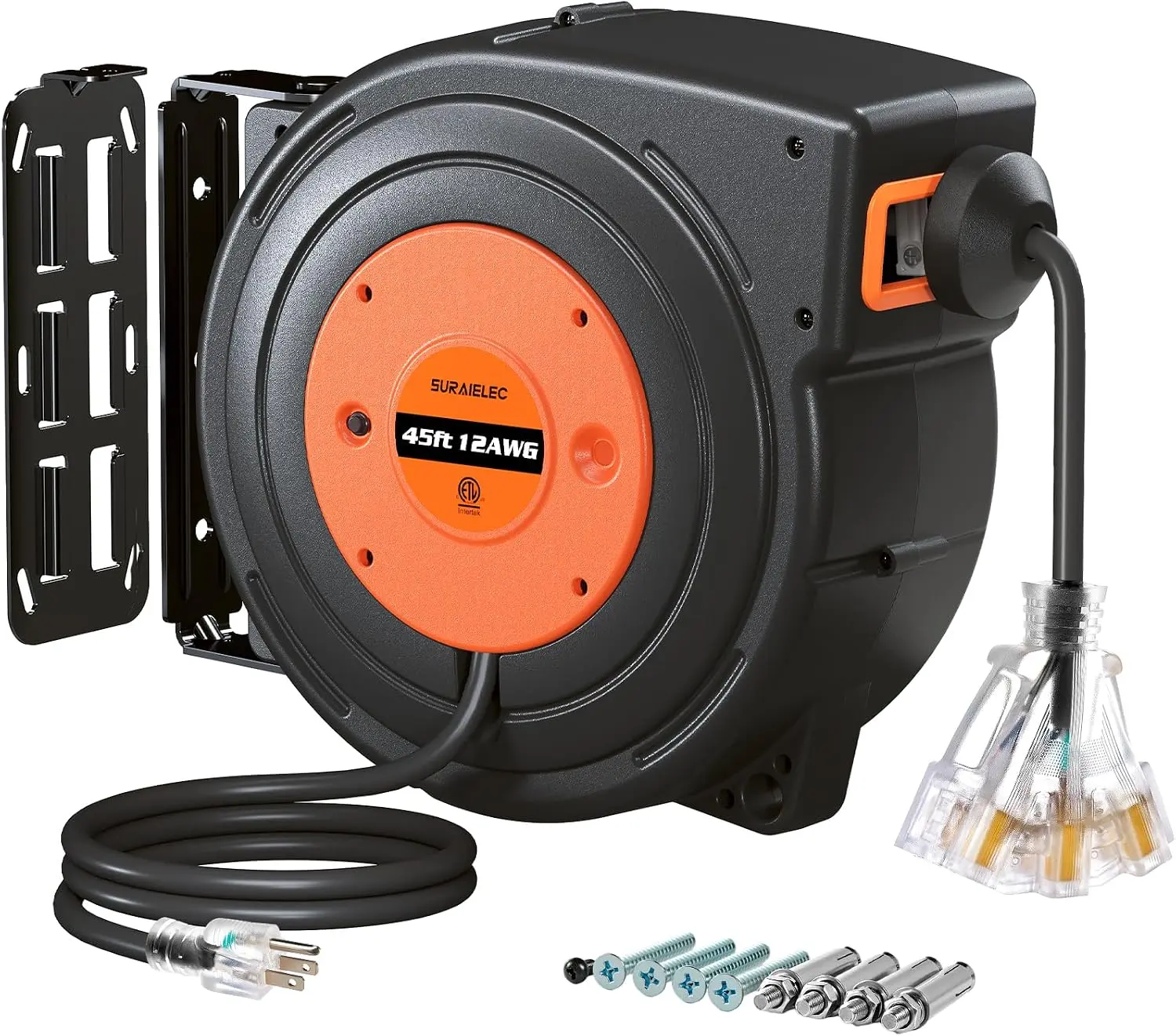 Suraielec | 12 Gauge Extension Cord Reel, 45FT, ETL Listed, Orange | Upgraded Anti-Tangle Roller, 15 AMP Circuit Breaker, 3 Lighted Outlets, 12 AWG SJTOW Heavy Duty Power Cord, 180° Swivel