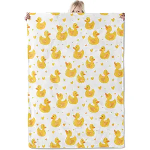 Cute Rubber Duck Blanket,Yellow Duck and Hearts Lightweight Flannel Throw with Heart Accents,Cartoon Home Living Room Decor,Gifts for Kids