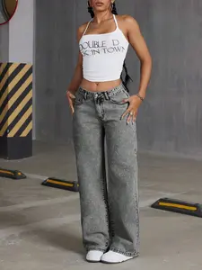 Embroidered Pink Bowknot Light Grey Washed Denim Y2K Vintage Jeans - Womenswear Baggy Jean Pants Casual Fabric bow jeans