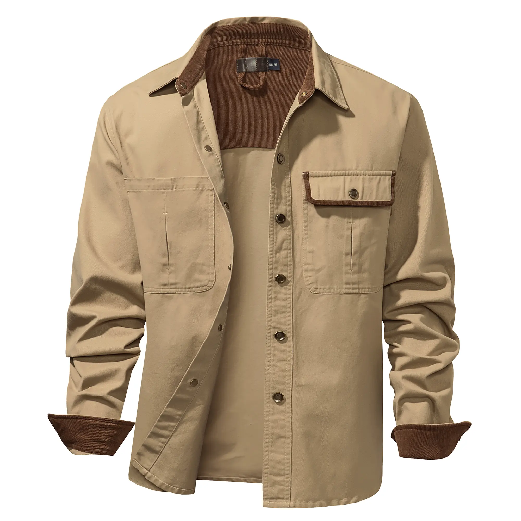 Men’s 100% Cotton Casual Classic Shacket - Vintage Lightweight Fitted Menswear, Contrast Corduroy Collar, Snap-Front Long Sleeve Layer Outerwear with 2 Plain Chest Pockets