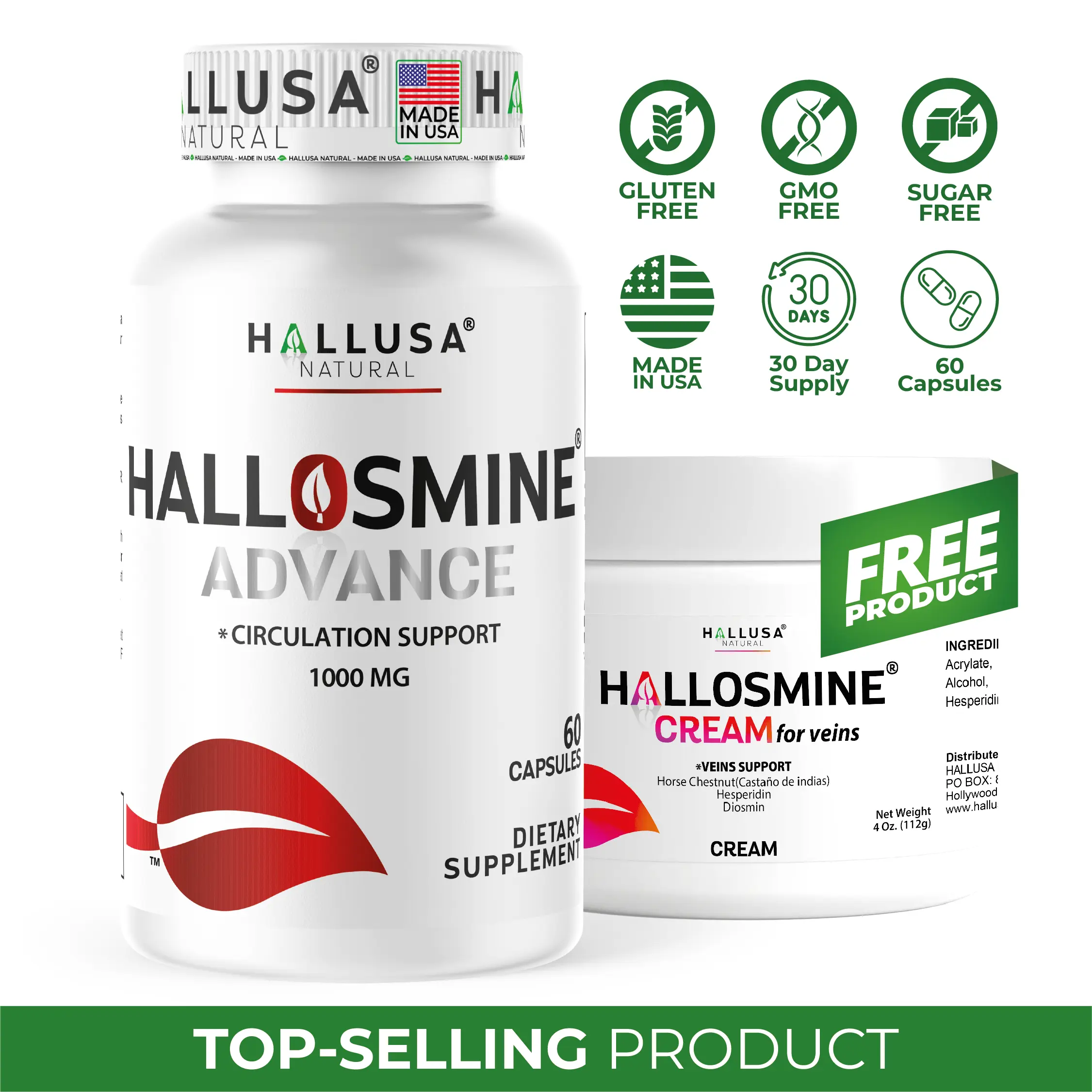 HALLUSA Natural Hallosmine Advance 1000 mg Supplements Capsules - Healthy Blood Flow & Body Support with Aloe Vera, Botanical Ingredients + Free Tired Leg & Varicose Vein Relief Cream