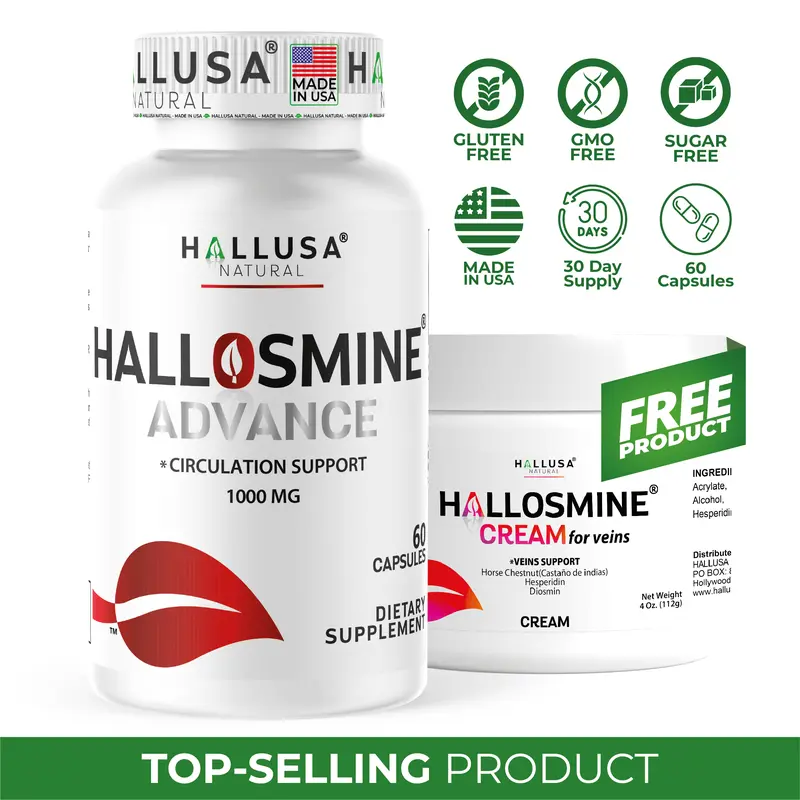 HALLUSA Natural Diosmin 90% Dose Hallosmine Advance 1000mg GMP-Certified Wellness Vitamins Supplements Capsules (60 Sugar-Free Caps) - Aloe Vera, Horse Chestnut Care for Circulation & Body Support + Free Cream Bonus for Tired Legs, Varicose Veins, Camphor