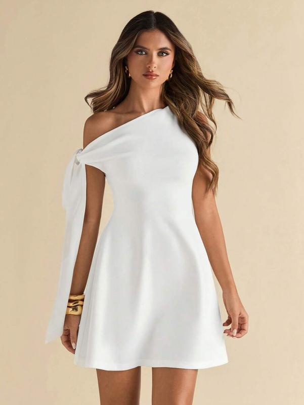 SHEIN BAE Women's Asymmetric Tie Strap Flare Hem Elegant Dress, White Dress For Women, Going Out