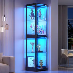 FREDEES Glass Display Cabinet with Doors, 65" Tall 4-Tier Curio Display Case with 3 Color Lights and Human Body Sensor, Bookcase for Collectibles, Black
