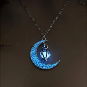 Glow in The Dark Silver Crescent Moon and Orb Necklace - Glowing Blue Moon Charm - Magical Fantasy Fairy Glowing Necklace - Glow Jewelry (sky blue)