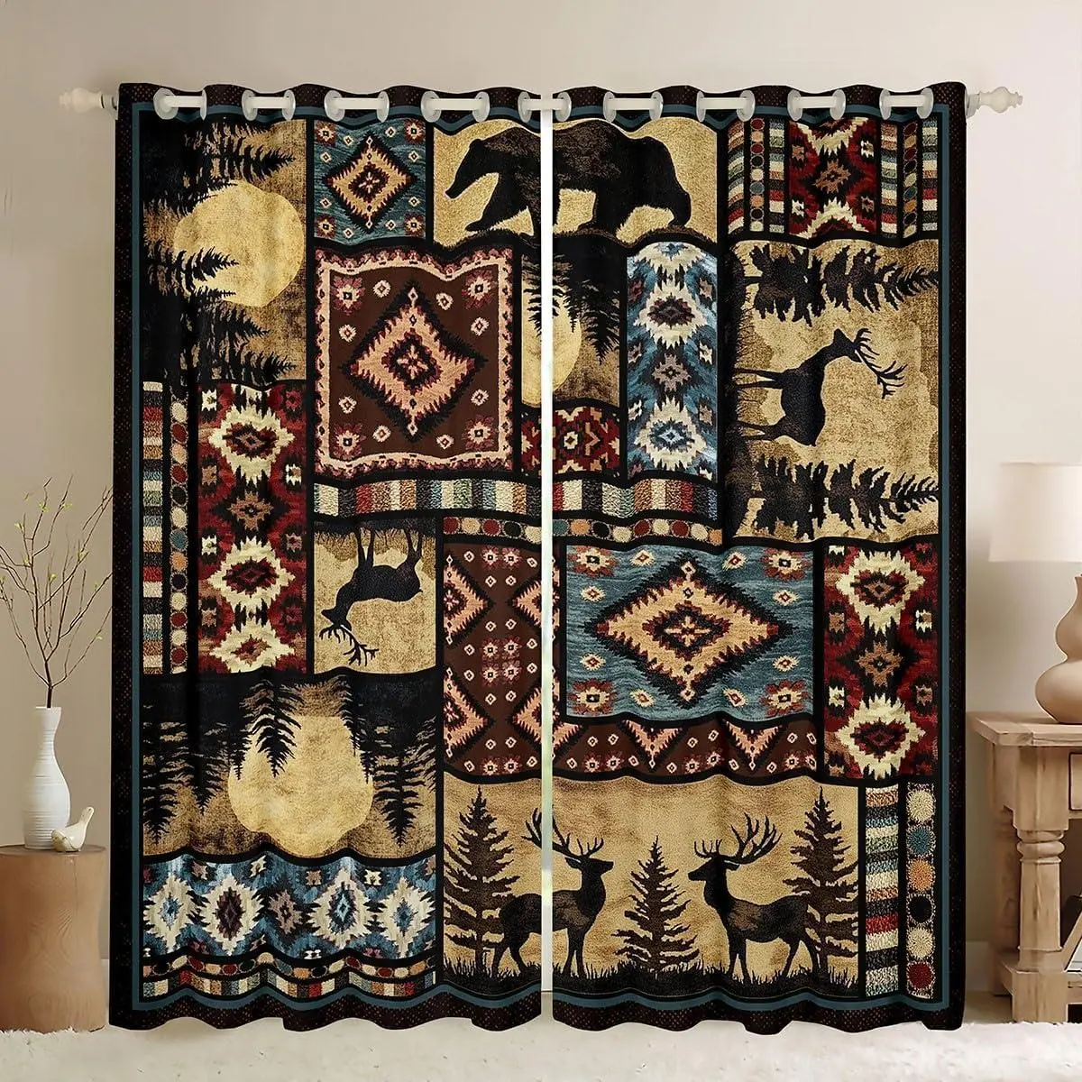 2 Panels,Rustic Bear Curtain,Buffalo Plaid Grid 100% Blackout Window Curtain,Hunting Deer Farmhouse Cabin Decor Curtains & Drapes,Retro Southwest Aztec Window Treatments,Brown Red