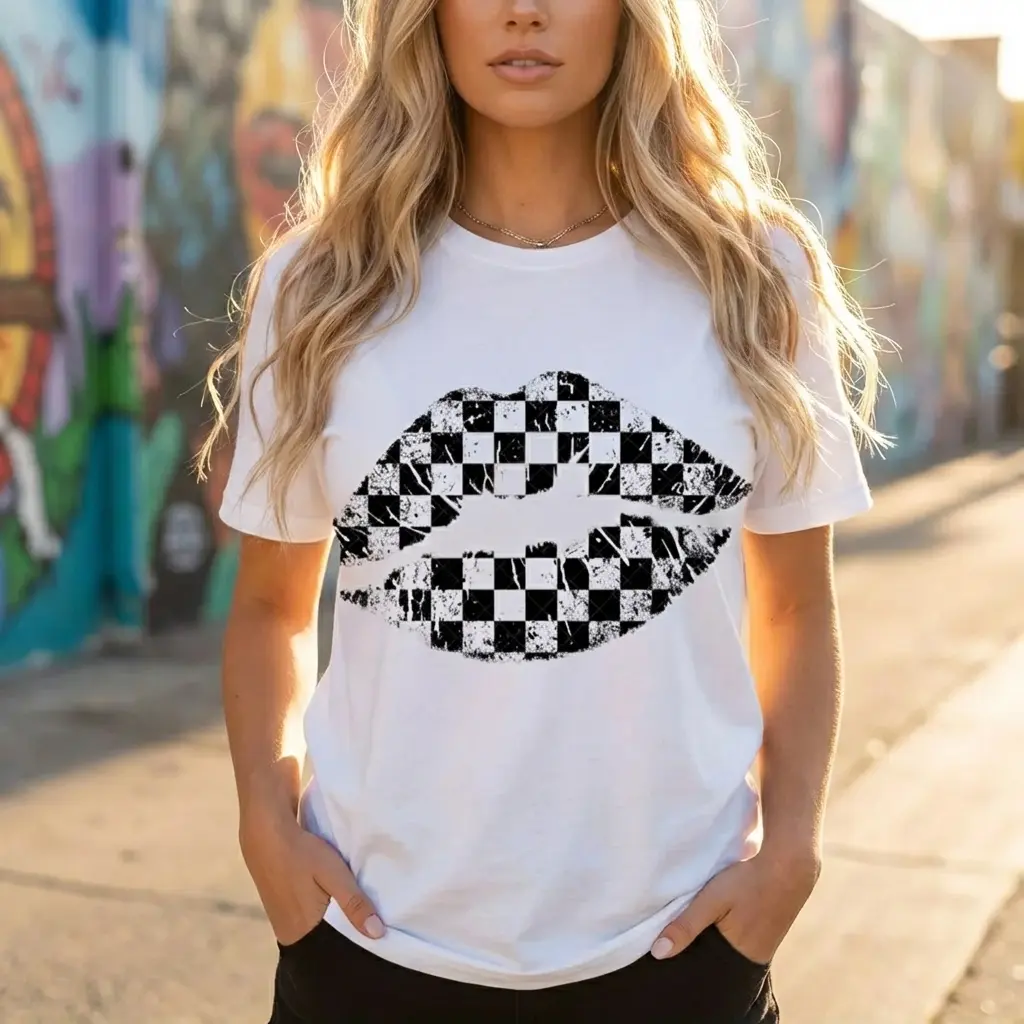 Y2K Grunge Checkerboard Kiss Tee |   Premium Cozy Feel for Lazy Days |   Soft & Breathable Vibe