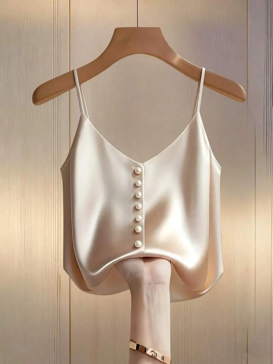 Elegant satin camisole with pearl embellishments for women, a summer silk blouse with button closure, minimalist and elegant design, suitable for tea parties and everyday wear.