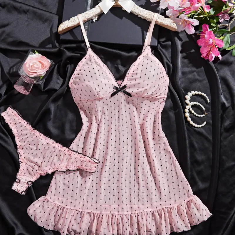 Women's Sexy Sheer Polka Dot Print Spaghetti Strap Slip Dress with Bow Tie, V-Neck Lace Trim Sleeveless Sleepwear Set, Lady Includes Panties for Home Nightwear Underwear, Lace Trim Nightgown, V Neck Nightdress