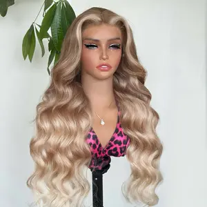 13x6 Glueless Ombre Warm Brown to Ash Blonde Highlight Wigs Human Hair 200% Density Wear and Go Drawstring Wig Body Wave HD Lace Flaxen Blonde Ombre Highlights Wig Pre Plucked Cut Wig