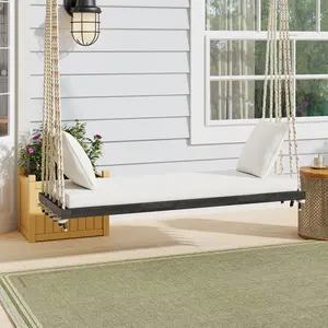 SAVEYOUR  TOPMAX Patio Wooden Swing Chair: Hanging Porch Swing Bench with Cushion and Pillows, Featuring 10.8-Foot Hemp Ropes for Garden, Backyard, and Lawn Use in Brown