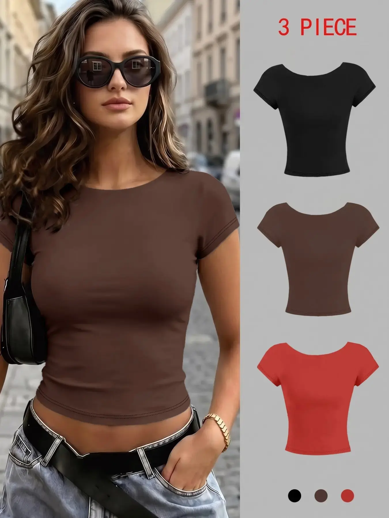 Women's Solid Backless Crewneck Short Sleeve Tee Casual Trendy Summer Everyday 2026