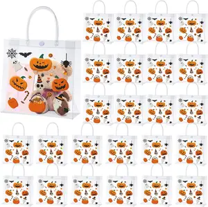 Gaillty 24 Pcs Halloween Pumpkin Clear Gift Bags with Handles Clear Plastic Goodie Bags PVC Transparent Reusable Treat Handbags for Holiday Party Storage Organizer