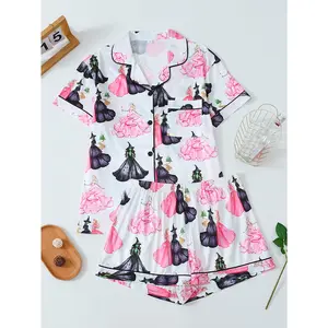 Enchanting Wicked Themed Pajama Set, Women's Short Sleeve + Shorts Silky Loungewear, Intricate Character Print with Contrast Piping, Comfy Summer Sleepwear for Fans
