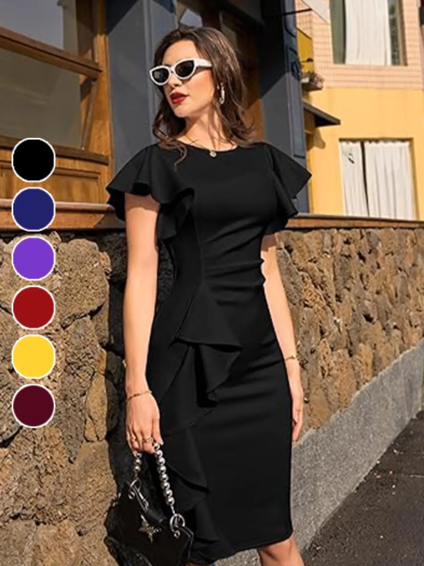 Women's Vintage Elegant Chic Formal Wear Church Party Bodycon Dress, Ruffle Sleeve, Slim Fit, Midi Pencil Skirt, Perfect for Mother's Day, Valentine's Day, Christmas, Evening Party Dresses