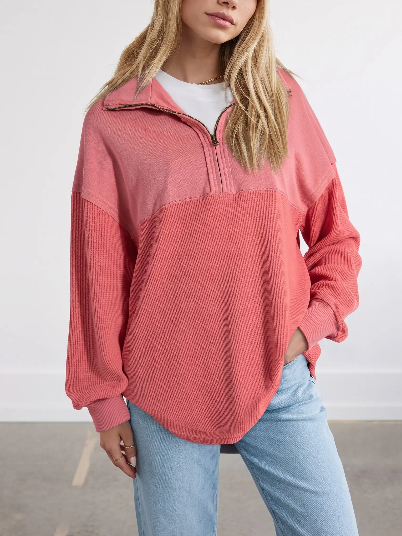 Shewin Women's Half-Zip Waffle Knit Tops - Oversized Long Sleeve Cotton Casual Pullovers  DealsForYouDays,summerwins,summeroutfits,vacationoutfits,beachoutfits Knitwear Womenswear