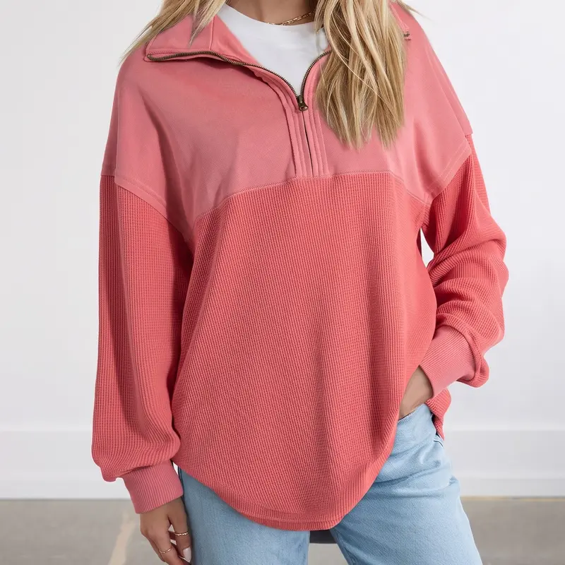 Shewin Women's Cozy Oversized Half-Zip Waffle Knit Collared Long-Sleeve Sweaters - Poly-Cotton Blend Knitwear, Easy Everyday Tops, Plus Size Women's Clothing Up to 2XL, for Biking, Office to Parties