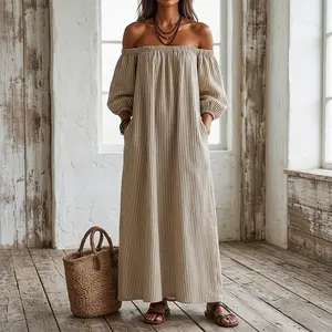 Women's Off-the-Shoulder Striped Dress - Relaxed Fit Foldover Neckline - Lightweight Flowy A-Line Summer Sundress