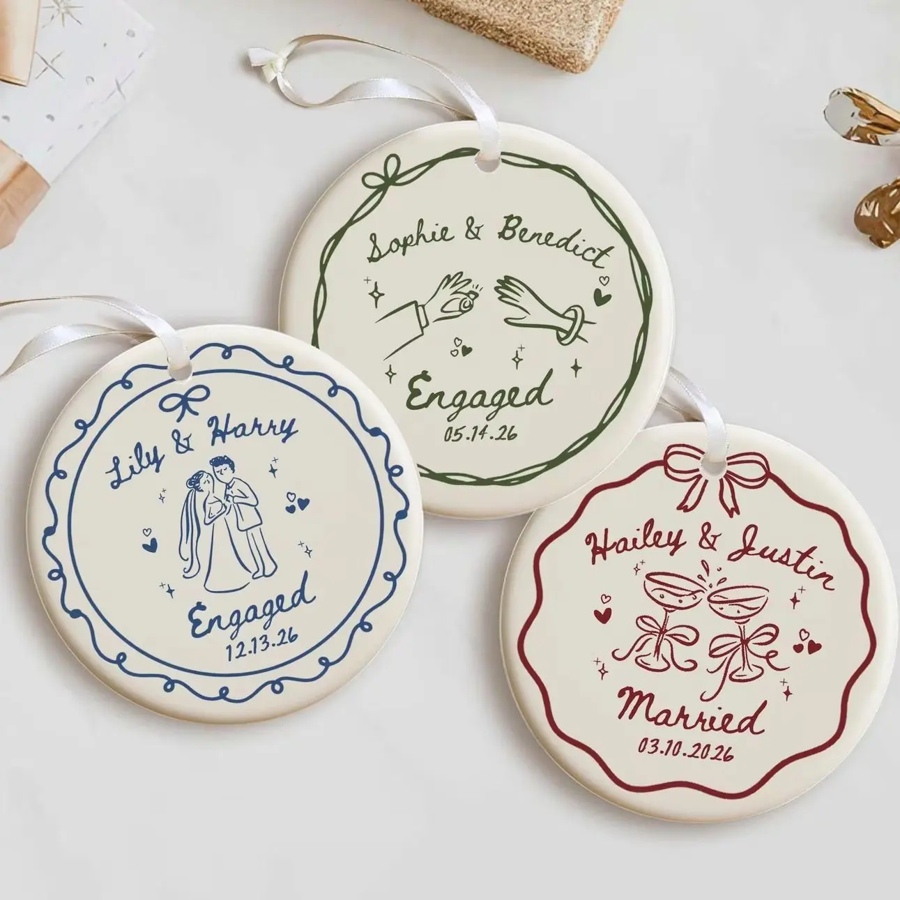 Custom Engagement Ceramic Ornament Gift, Personalized Engagement Gift for Engaged Couples, Wedding Gift Newlyweds, Bride and Groom