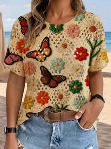 Women's Elegant Multicolor Embroidered Floral Butterfly Print Round Neck Short Sleeve Knit Sweater, Casual Versatile Top for Spring Summer Fall, Knitwear
