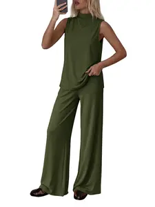 BTFBM Summer 2-Piece Lounge Sets For Women Sleeveless Mock Neck Top Wide Leg Pants Airport Travel Beach Vacation Outfits
