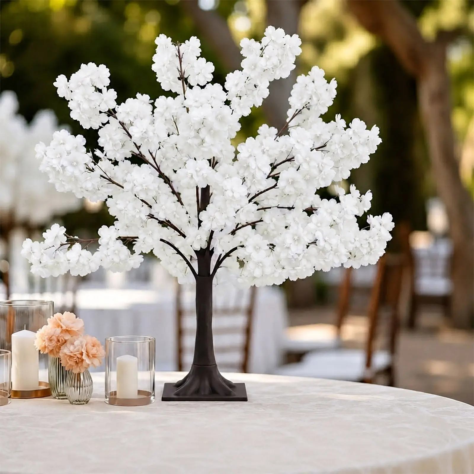 3ft Synthetic Cherry Blossom Tree Centerpiece - White Silk Sakura Wishing Tree with Metal Base, for Wedding, Floral, Room Decor Needs, Floral Decor