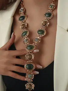 Bohemian Vintage-Style Long Y-Necklace with Green and Brown Gemstones – Sweater Chain for Women, Perfect for Casual Attire, Valentine’s Day, Casual Jewelry | Bohemian Style | Timeless Accessory, Versatile Accessory, Bohemian Jewelry, Durable Alloy
