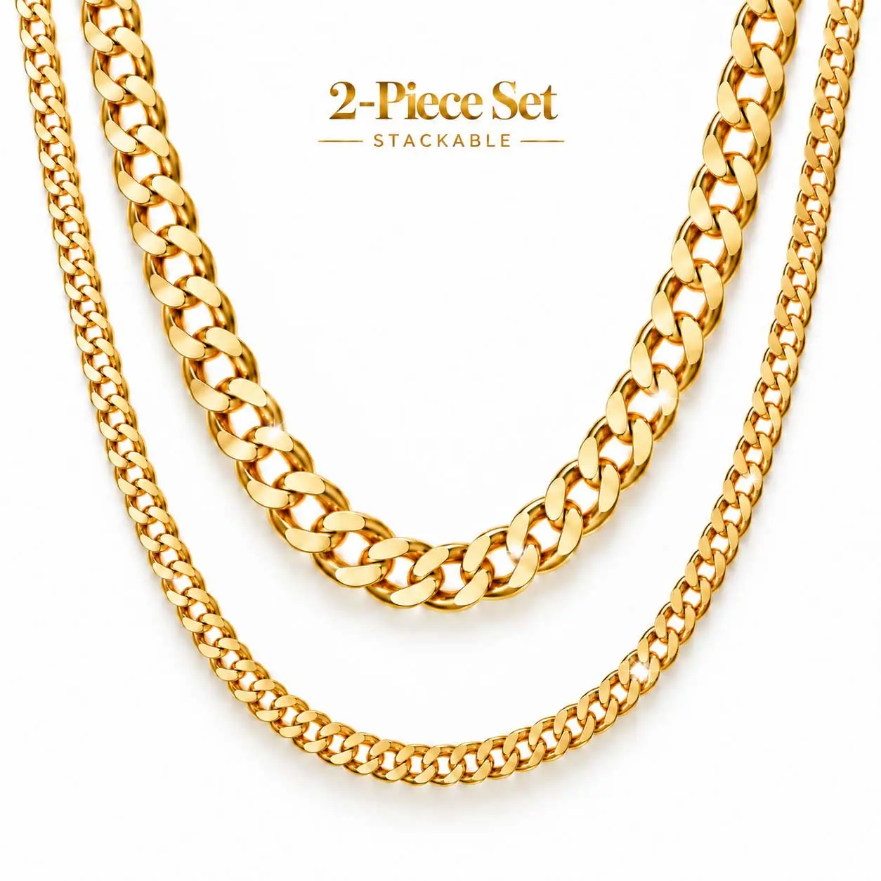 Women’s Gold Necklace, 2-Piece Layered Cuban Link Chain Necklace Set, Chunky Stainless Steel Choker for Women, Double Layer Stackable Statement Chain, Trendy Fashion Jewelry, Everyday Necklace, Gift for Her