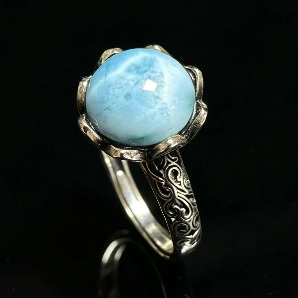 925 Silver Adjustable Natural Larimar Ring - Dominican Republic Round Stone, Vintage Lotus Setting, Unisex Adults' Statement Ring, Adjustable Ring