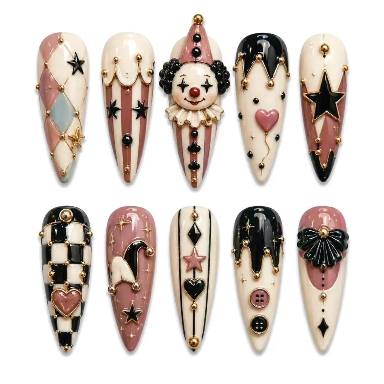 Vintage Harlequin Clown Press-On Nails, 3D Circus Jester Design, Black Pink Ivory Checkerboard Star Heart Charms, Gothic Coquette Handmade Nail Art