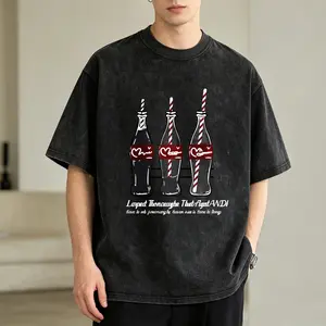 Men's Vintage Washed T-Shirt Coca Cola Bottles With Straws Oversized Graphic Tee Outdoor Casual Short Sleeve