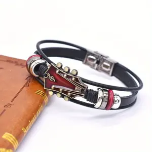 Adjustable Guitar Bracelet with Stainless Steel Clasp - Music Enthusiast Accessory, Faux Leather Wristband, Zinc Alloy, Non-Electric, Featherless, Ideal for Christmas, Thanksgiving, Valentine's & Birthday Gifts
