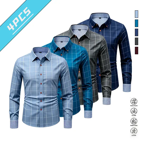 Men’s three-pack plaid long-sleeve collared shirts with a fluid drape and breathable fabric, featuring buttons—suitable for office wear, business events, casual gatherings, and versatile styling across various occasions.
