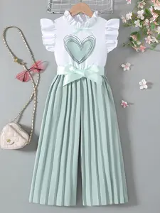 Girls' Summer Ruffle Heart Print Belted Jumpsuit, Sweet Casual Fashion, Back Open Design, Wide Leg Pants