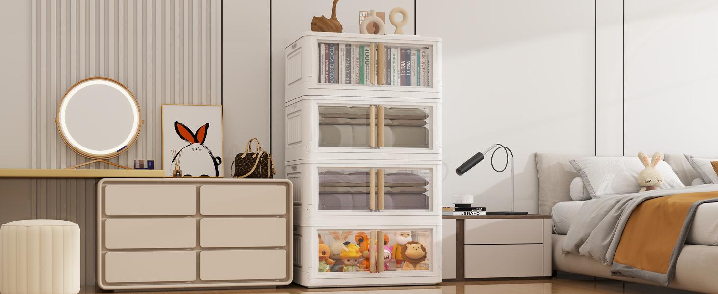 【Clearance】KHNR 3/4/5 Pack StackablStorage Bins with Lids, Plastic White Closet Organizers&Storage Drawer,Folding Storage Boxes with Wheels,Dual Open Collapsible Storage Boxes for living Room,Dorm,Office,Kitchen