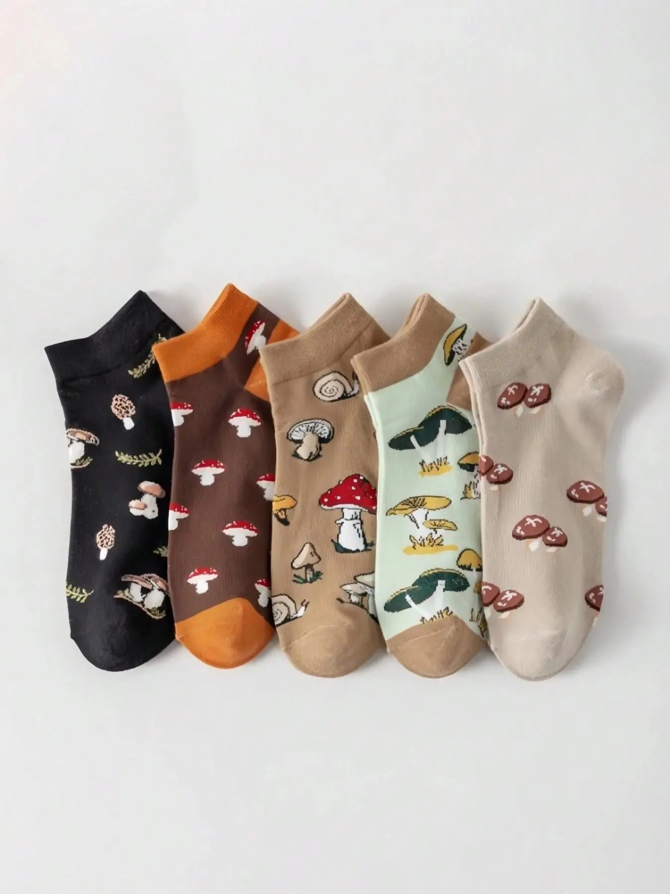 5 Pairs Women's Ankle Socks, Summer Breathable Lightweight Cartoon Mushroom Print, Casual Fitted Low-Cut Socks, Soft Comfort for Daily Wear, Sock Packs