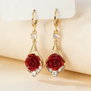 Rose Drop Earrings 14K Gold Plated Sparkling Crystal Tassel Design, Chic Elegant Fashion Jewelry Water Drop Earrings for Women 2025 DZEH4322