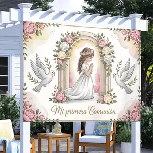 Spanish First Communion Party Banner, Polyester Photography Cloth Background, Designed with Rose Pattern for Spanish First Communion Prayer Girls - Perfect for Family and Garden Anniversary Celebrations, Photo Booth Props, Festival Photo Booth