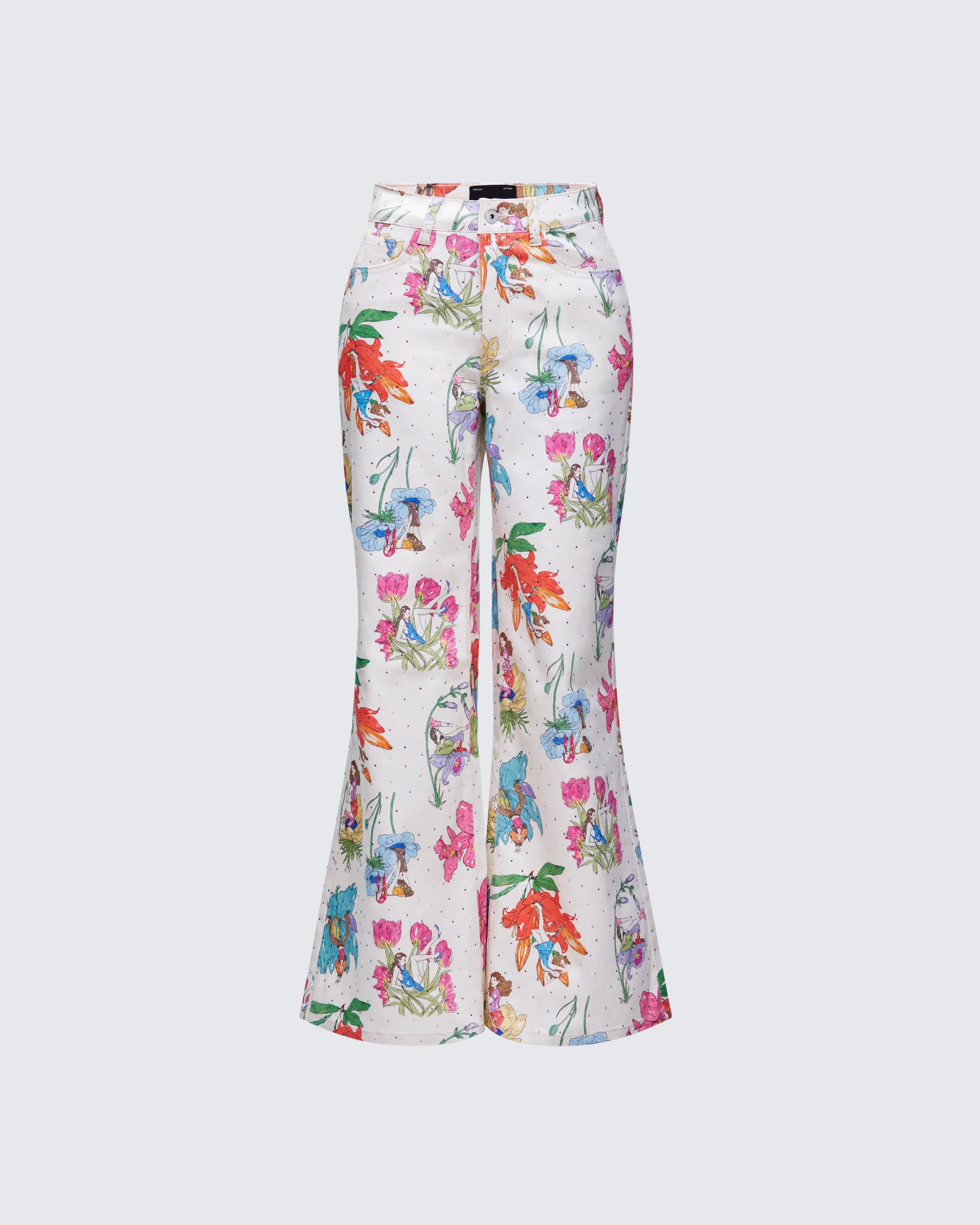 Women's Lunara Ivory Embellished Twill Pant - Floral, Spandex-Cotton Blend, Slim-Fit Women's Bottom