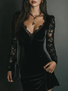 Vintage Velvet Lace Trim Long Sleeve Dress for Women, Elegant Floral Patchwork Design, Perfect for Casual and Formal Occasions Style