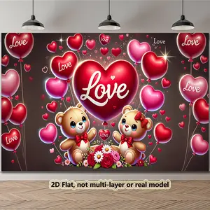 2D Flat, 1pc Large Heart & Bear Wall Hanging - 151.89x91.95 cm/212.85x151.89 cm Durable Polyester Photo Backdrop with Red Hearts, Balloons & "Love" Lettering - Perfect for Christmas, Easy Setup, Weddings, Birthdays, Valentine'S Day Decorations - Indoor