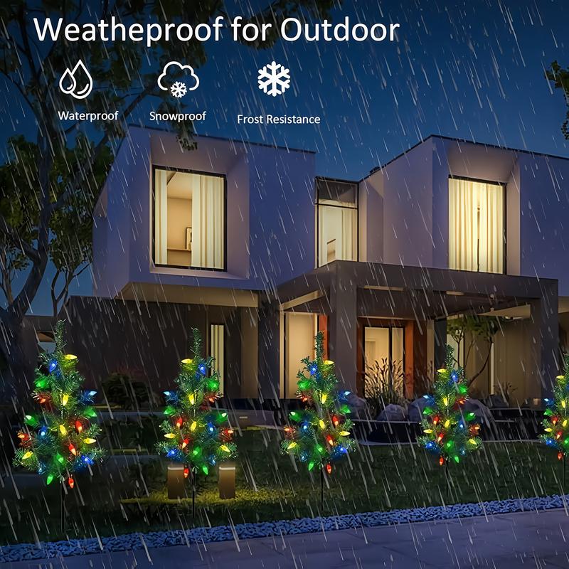 Product Introduction of 1 Tow 4 Solar Christmas Tree Lights. Includes 80 colorful strawberry bulbs, IPX4 waterproof, suitable for outdoor patio garden decorations for festivals, driveways and Christmas parties! 8