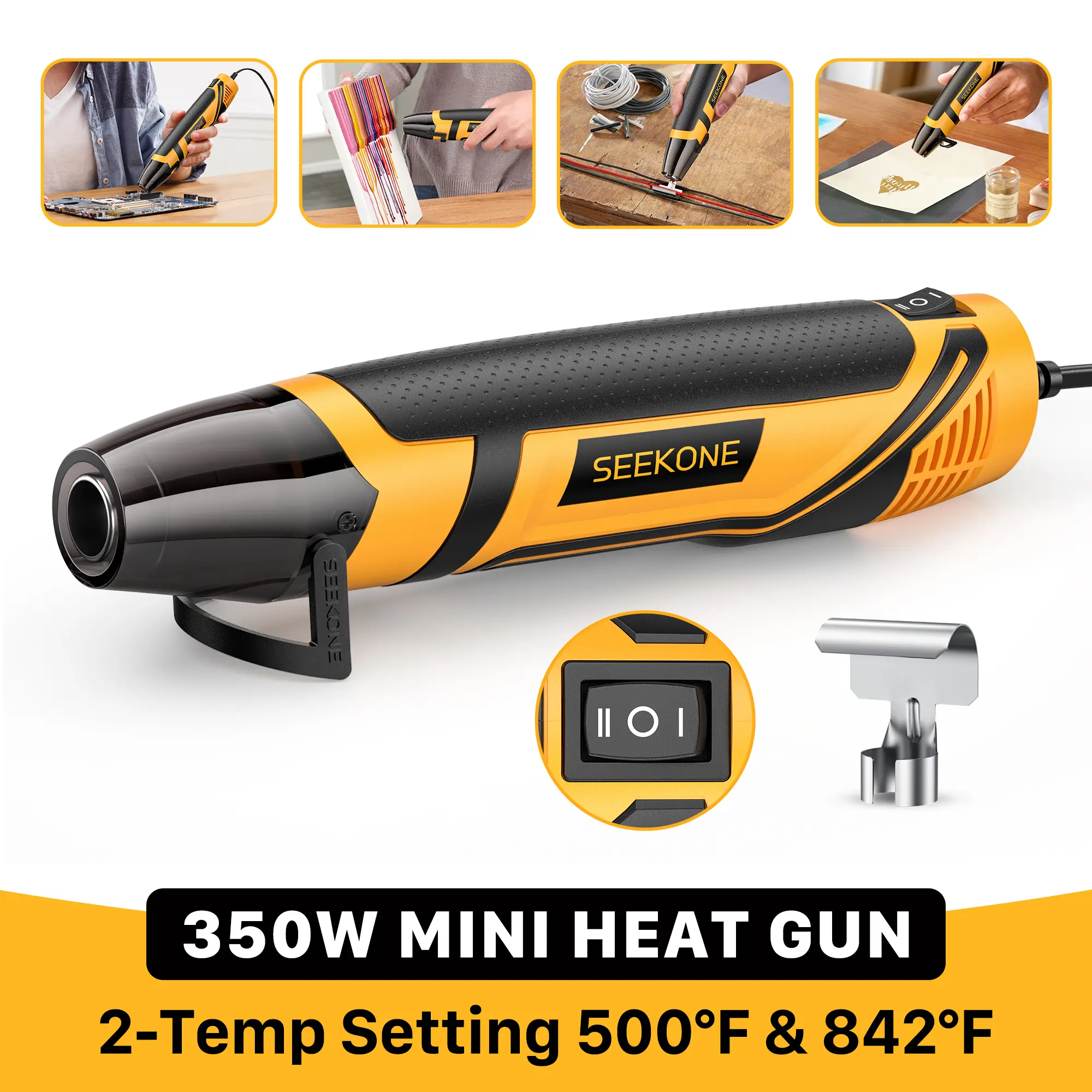 SEEKONE Portable Mini Heat Gun, 350W Dual Temperature Mode (500℉/260℃ & 842℉/450℃), Fast Heating Power Tool with Ergonomic Design, Reflector Nozzle Safety Shield, 4.9Ft Long Cable, High Quality and Safety Overload Protection for Crafting, Vinyl Wrap