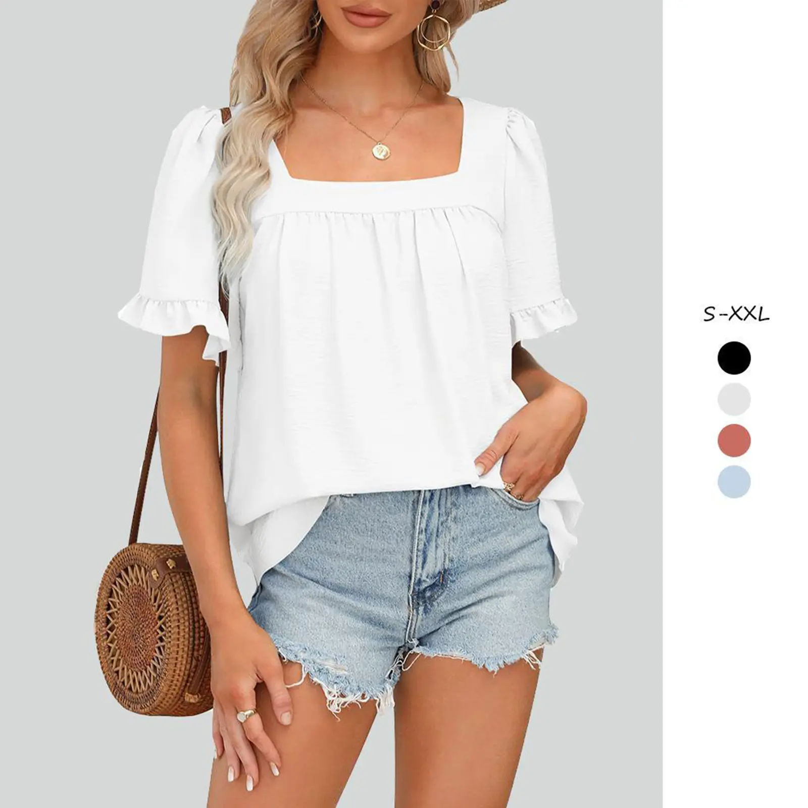 Imily Bela Womens Summer Peplum Tops Sqaure Neck Ruffle Sleeve Blouses Fit Flowy Shirts S 2XL