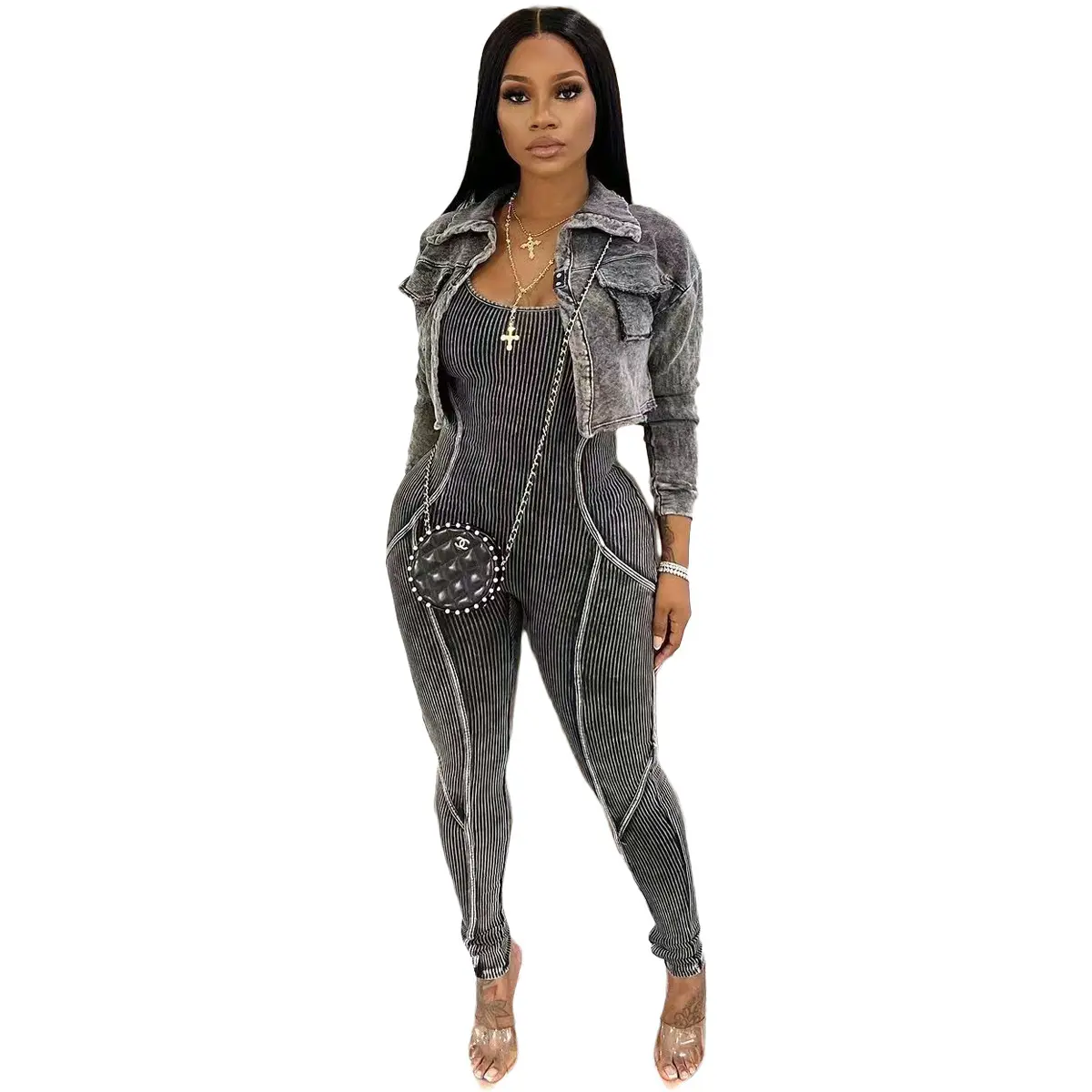 Women's Polyester Fabric 2-Piece Overalls Matching Set - Comfortable, Seamless, Breathable Activewear, Black/Midi/Blue, Sakura-Inspired, UV-Reactive, European Line, Ideal for 21st Birthday Everyday Wear