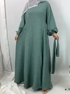 Women's Solid Color Belted Round Neck Dress, Modest Style Dress, Modest Fashion Casual Long Sleeve Maxi Dress for Muslims Daily Outdoor Wear, Women's Islamic Clothing for All Seasons