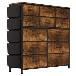 12-Drawer Dresser, Fabric Dresser for Bedroom with Side Pockets and Hooks, Sturdy Steel Frame Chest of Drawers, Tall Storage Tower with Adjustable Feet for Living Room, Hallway, Tiger Stripes