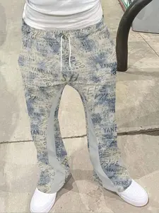 Men's Vintage American Print Drawstring Wide Leg Pants, Street Style Patchwork Long Trousers, Casual Fitted Flared Trousers for All Seasons, Casual Comfy Trouser