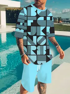 Plus Size Summer Men's Short Sleeve Set[Print Design- No Texture] Plus Size Digital Print Men's Summer Casual Set, Plaid Letter Pattern, Round Neck Short Sleeve Pants Set, Regular Fit, Knitted Fabric, Fashionable Sports Casual Style Suitable for D